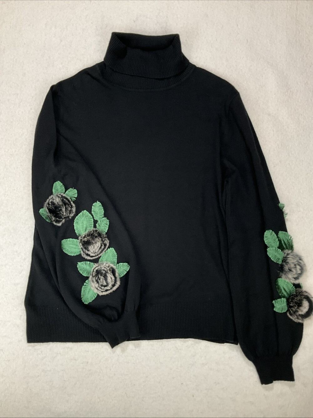 Sioni Milano Black Turtleneck Sweater Womens L 3D Floral Embellished Faux Fur